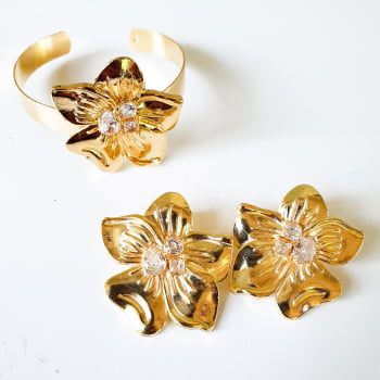 Conjunto Flor Tati - Dourado/Pedra Cristal