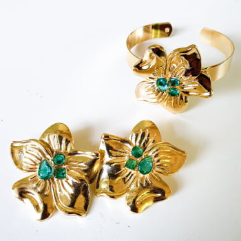 Conjunto Flor Tati - Dourado/Pedra Verde